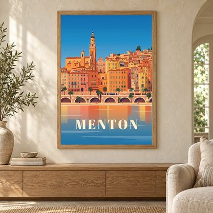 Affiche ville - Menton, les couleurs de la Côte d’Azur – mise en situation dans un salon, cadre vendu selon l’option choisie