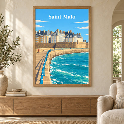 Affiche ville - Saint-Malo, les remparts – mise en situation dans un salon, cadre vendu selon l’option choisie