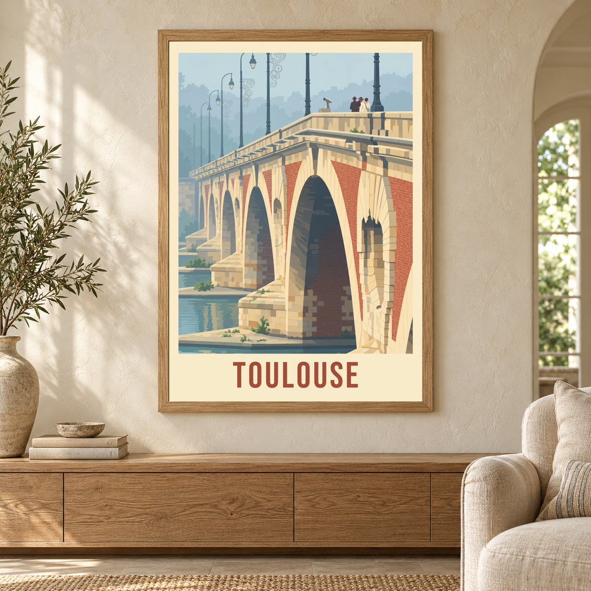 Affiche ville - Toulouse, le Pont Neuf – mise en situation dans un salon, cadre vendu selon l’option choisie