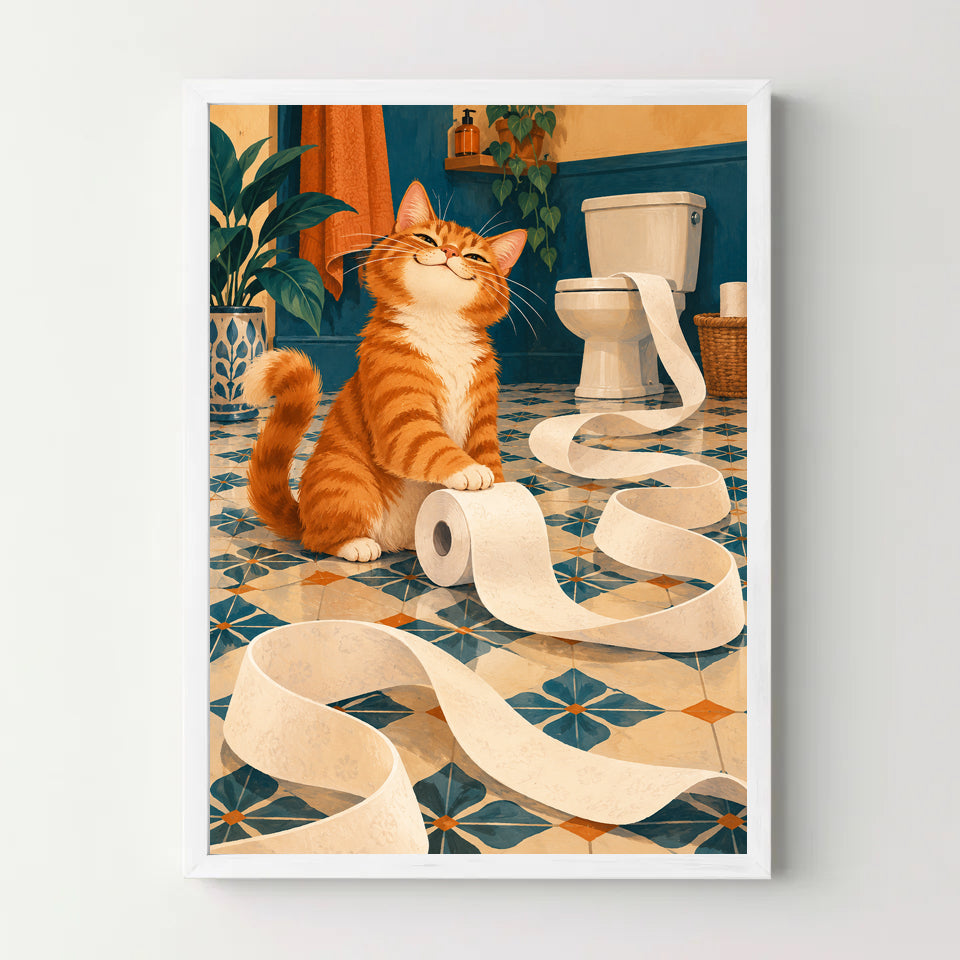 Affiche WC chat derouleur – cadre blanc