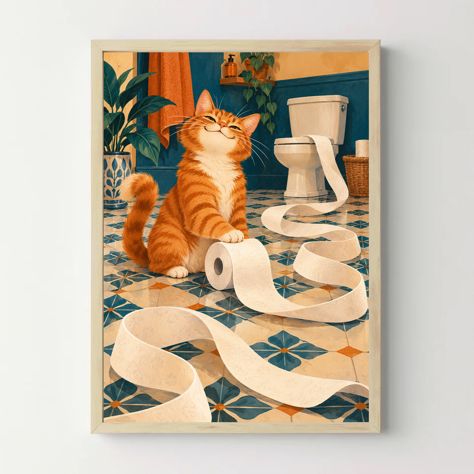 Affiche WC chat derouleur – cadre bois