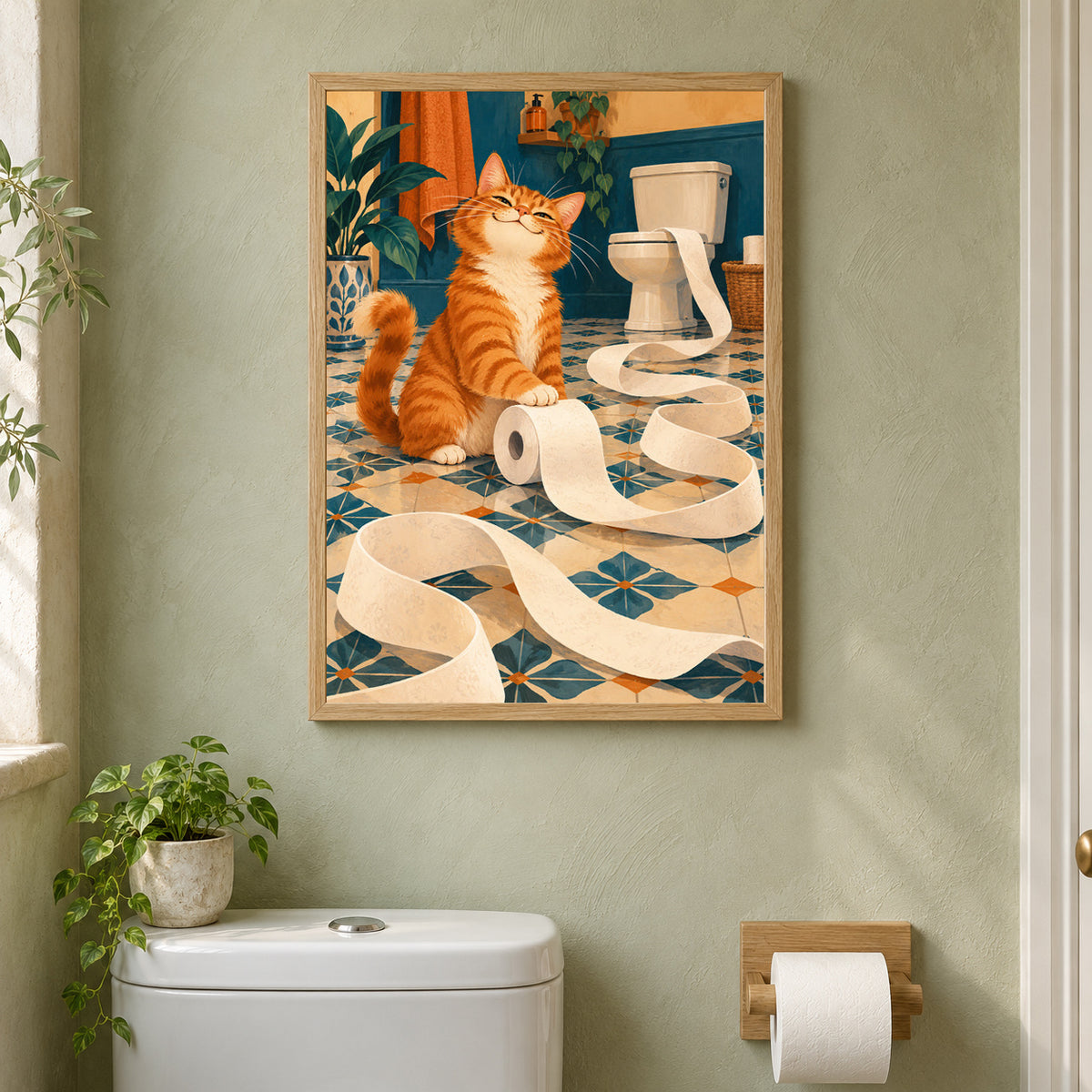 Affiche WC chat – Le roi du papier toilette – mise en situation dans des toilettes, cadre vendu selon l’option choisie