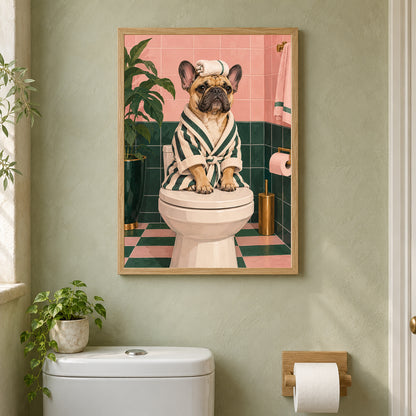 Affiche WC chien – Pause spa sur le trône – mise en situation dans des toilettes, cadre vendu selon l’option choisie