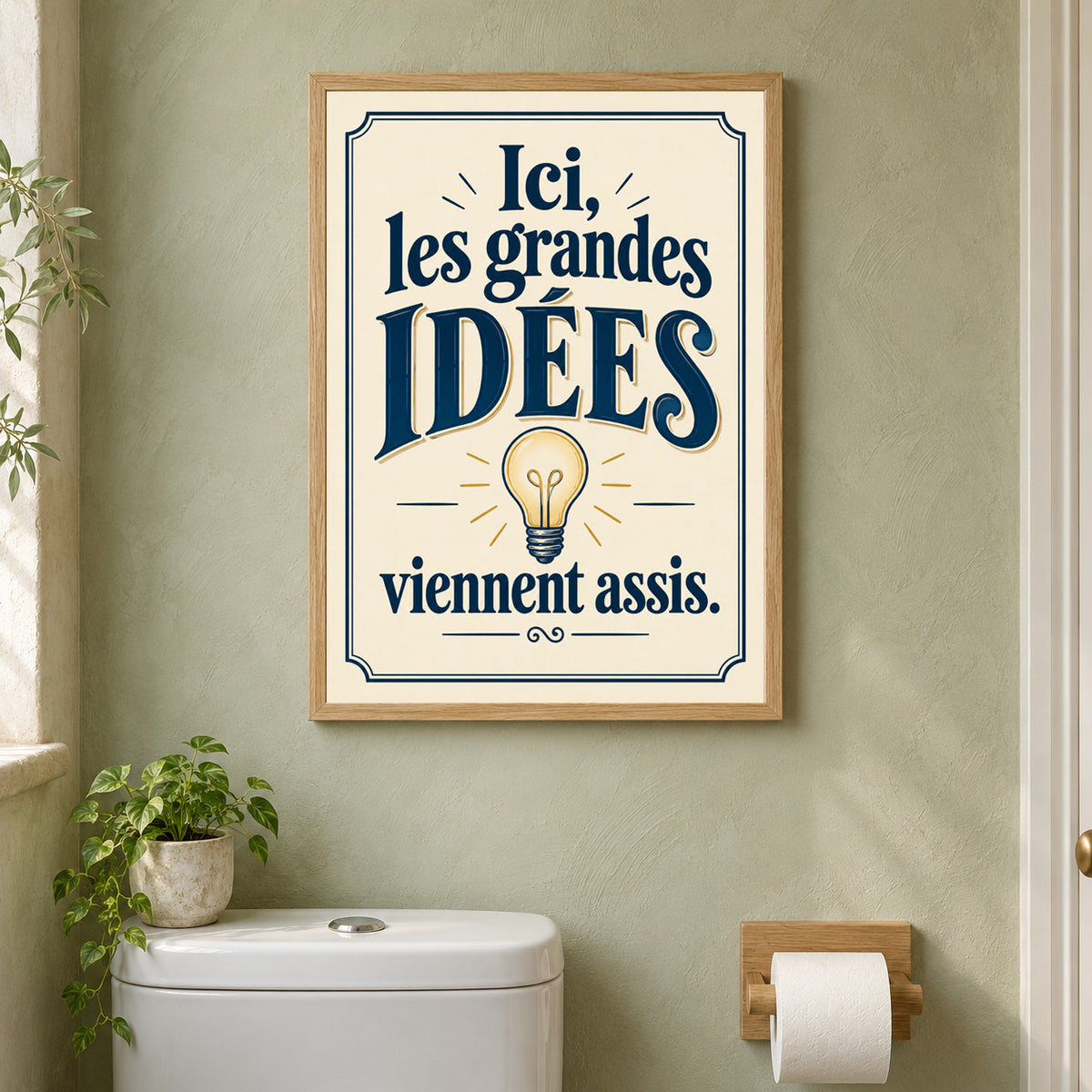 Affiche WC citation – Ici, les grandes idées viennent assis – mise en situation dans des toilettes, cadre vendu selon l’option choisie