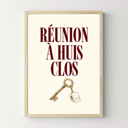 Affiche WC humour – Réunion à huis clos — cadre bois