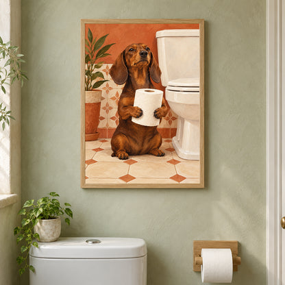 Affiche WC teckel – Le gardien du rouleau – mise en situation dans des toilettes, cadre vendu selon l’option choisie