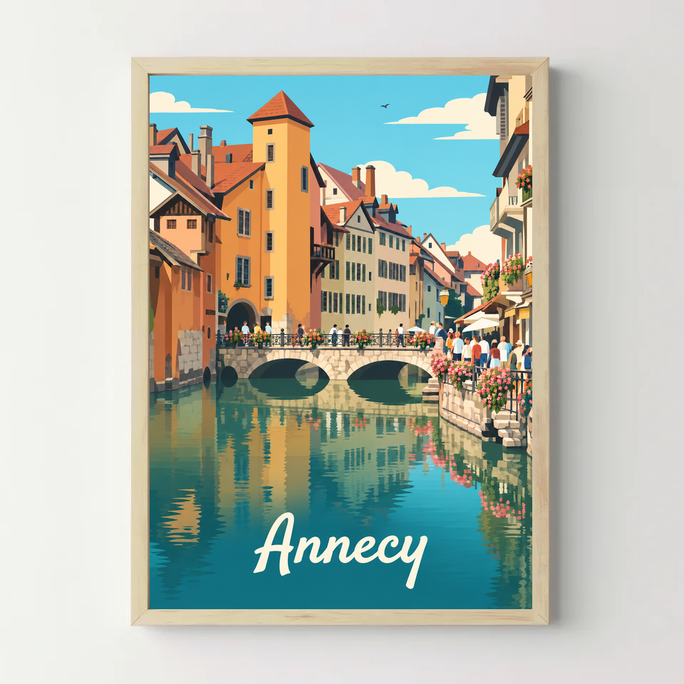 Affiche ville - Annecy, les canaux du Thiou – cadre bois