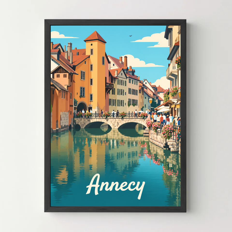 Affiche ville - Annecy, les canaux du Thiou – cadre noir