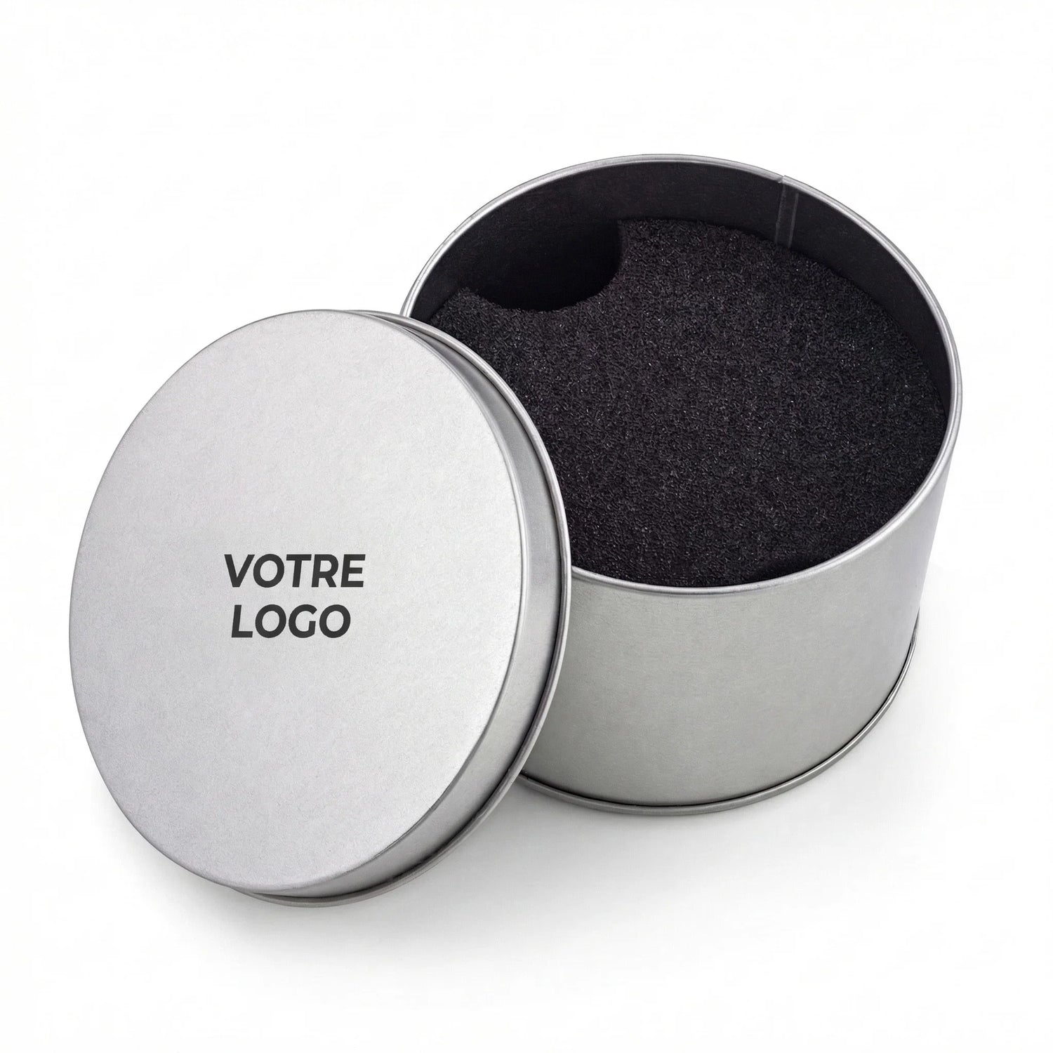 Boîte en métal ronde personnalisable avec mousse noire intérieure et couvercle ouvert