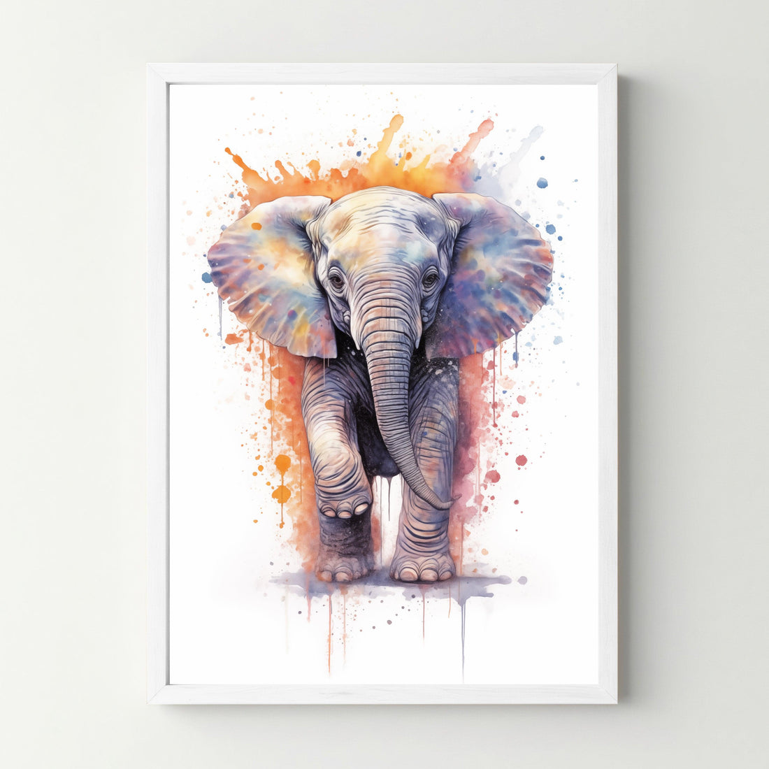 Affiche décorative éléphant aquarelle colorée dans cadre blanc, décoration murale moderne.