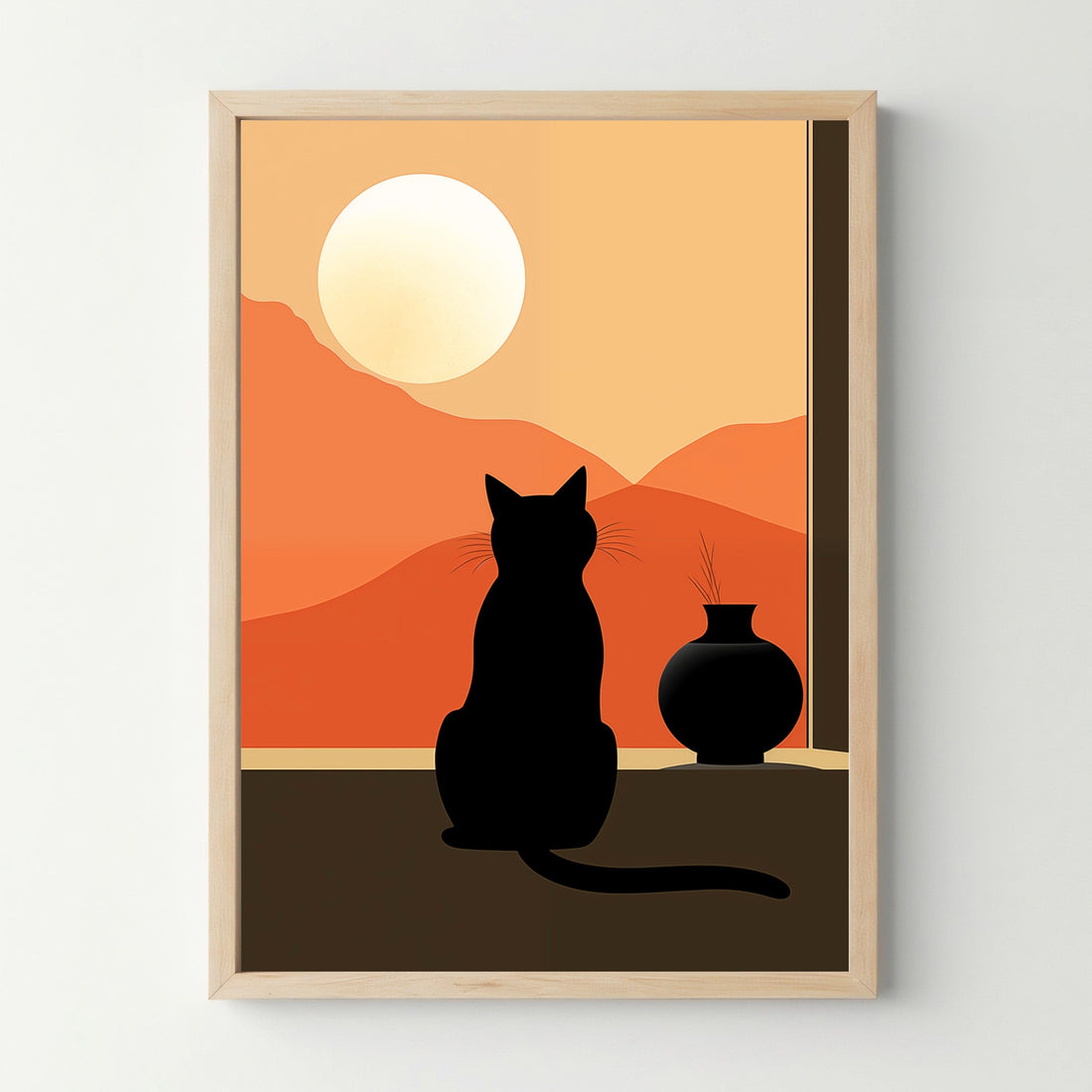 Affiche décorative silhouette chat noir devant coucher de soleil, cadre bois, ambiance cosy