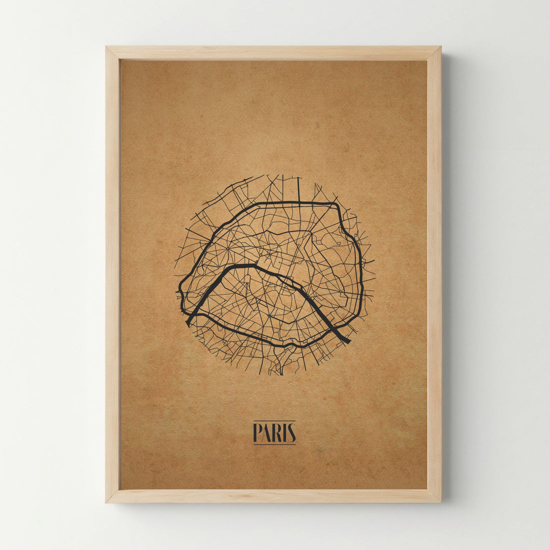 Affiche carte minimaliste de Paris dans un cadre bois, décoration murale design