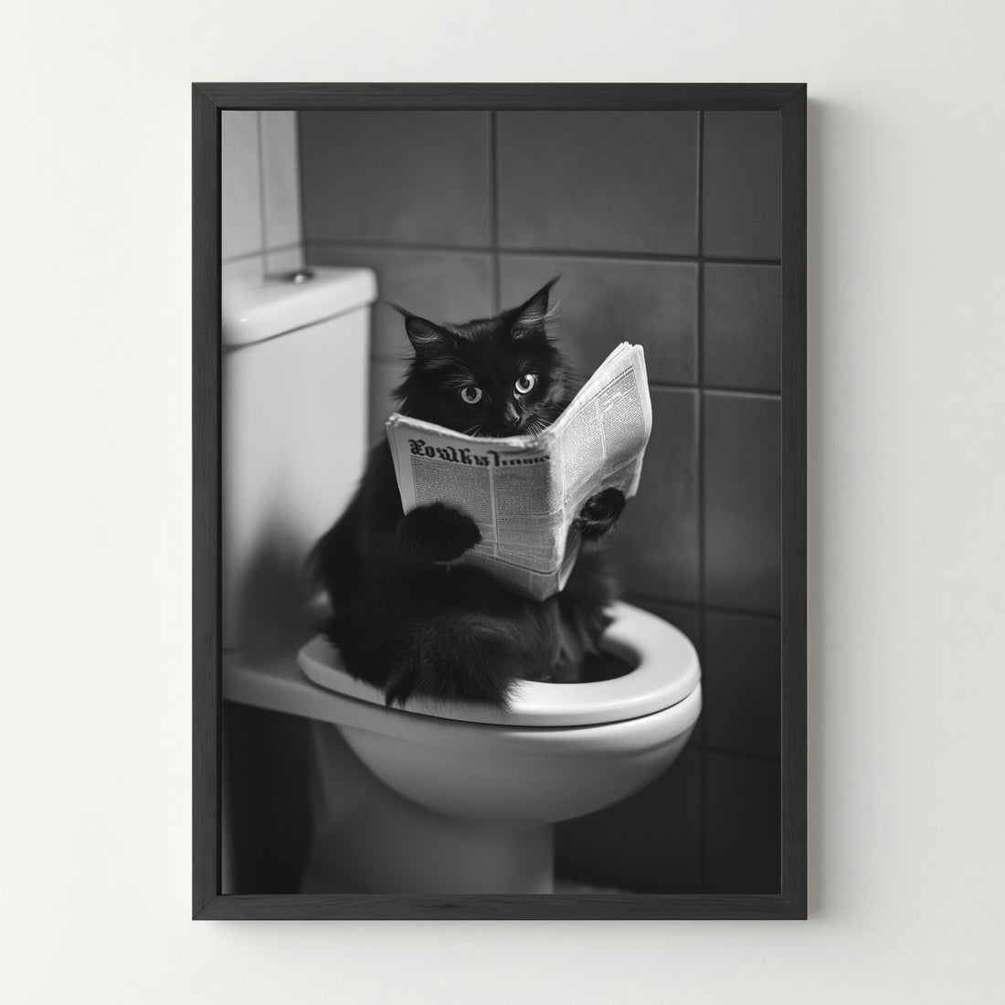 Affiche humour noir et blanc, chat noir assis sur des toilettes avec un journal, décor WC.