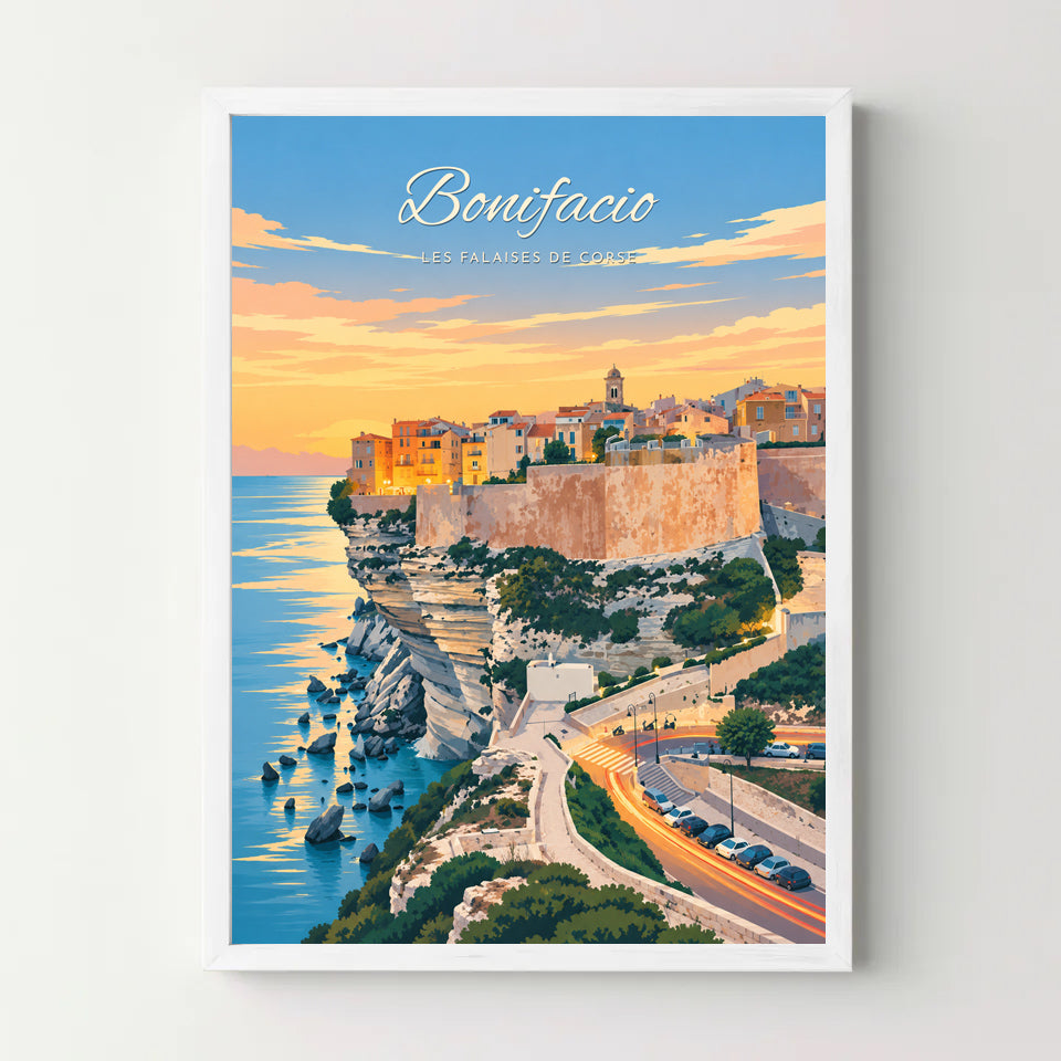 Affiche Bonifacio – Les falaises de Corse — cadre blanc