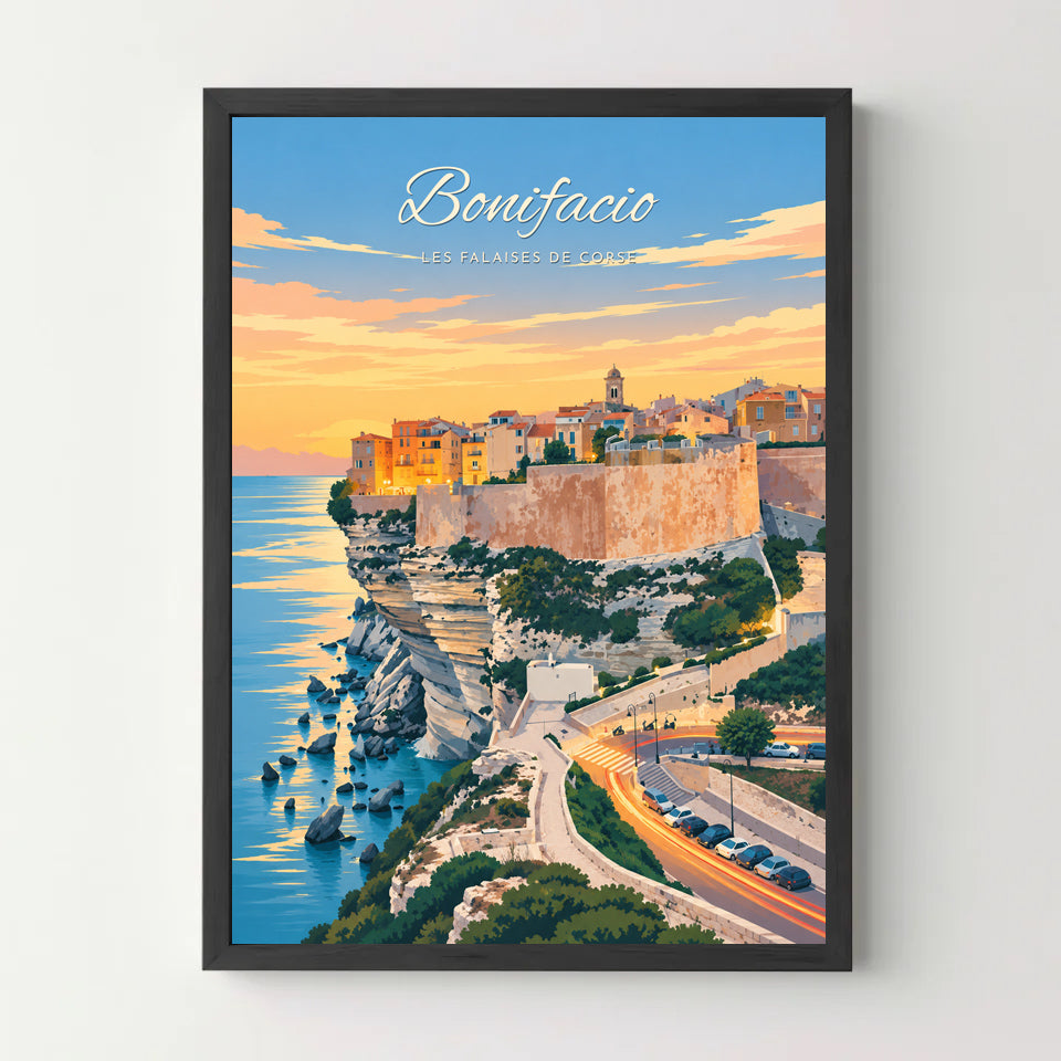 Affiche Bonifacio – Les falaises de Corse — cadre noir