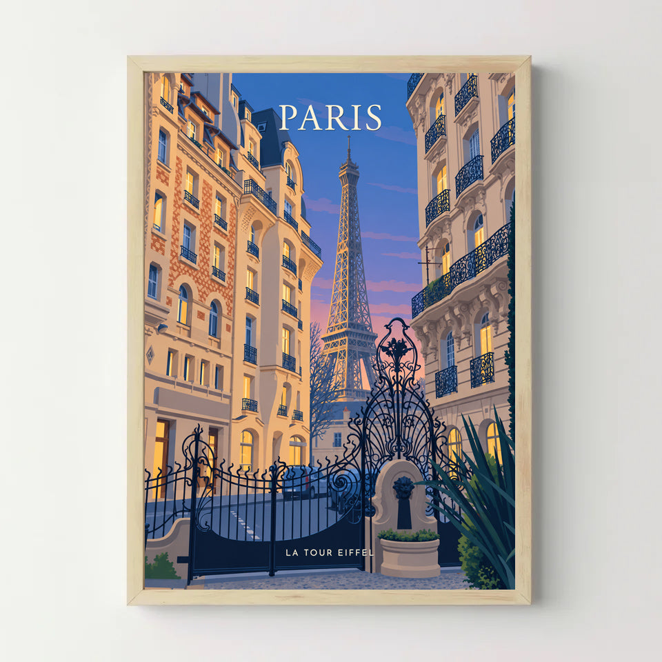 Affiche Paris – La tour Eiffel au crépuscule — cadre bois