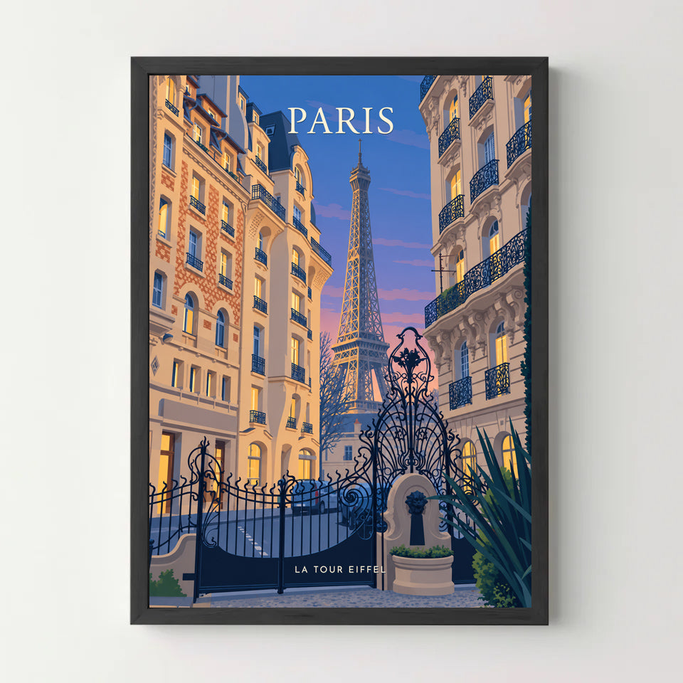 Affiche Paris – La tour Eiffel au crépuscule — cadre noir