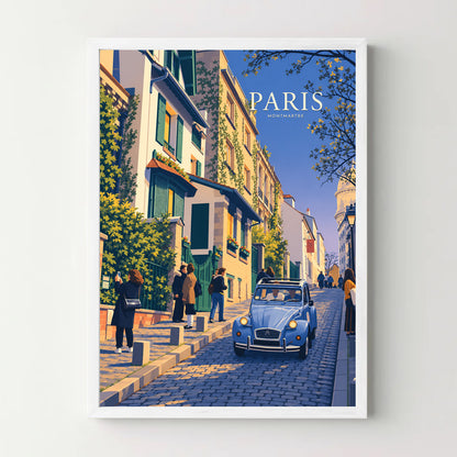 Affiche Paris Montmartre – Balade en 2CV — cadre blanc
