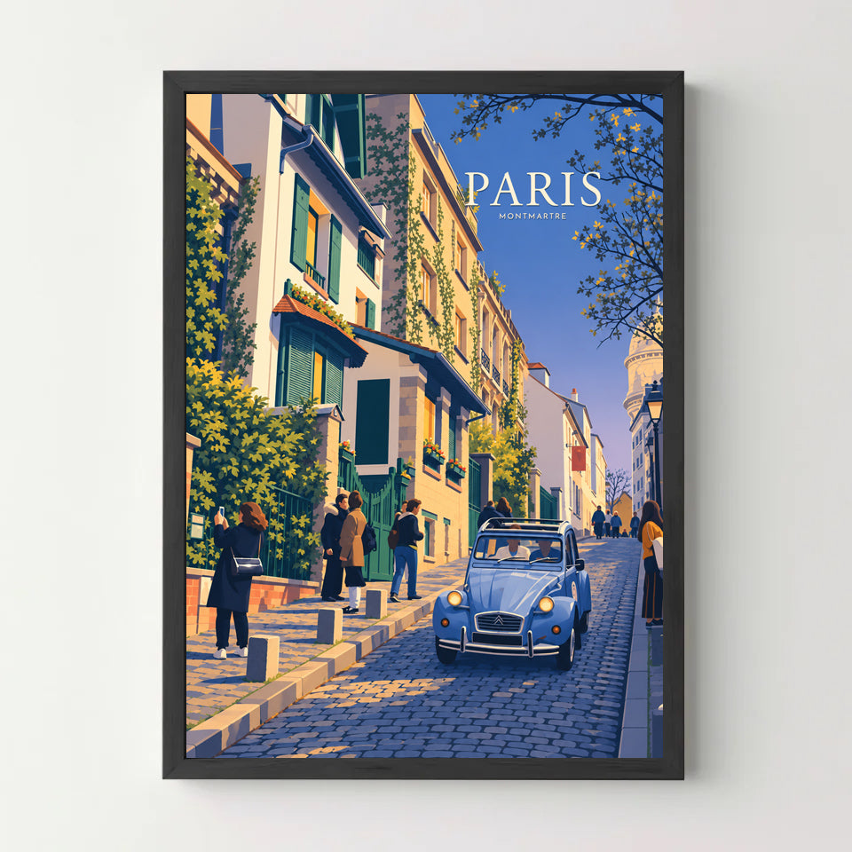 Affiche Paris Montmartre – Balade en 2CV — cadre noir