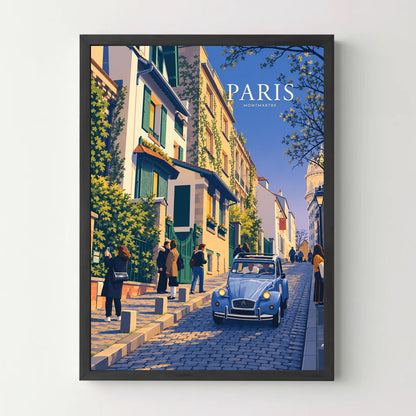 Affiche Paris Montmartre – Balade en 2CV — cadre noir
