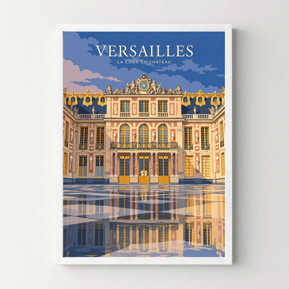 Affiche Versailles – La cour du château au crépuscule — cadre blanc