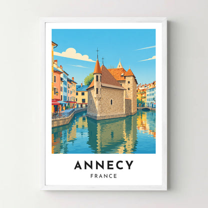 Affiche Annecy – Le Palais de l’Île et le Thiou – cadre blanc