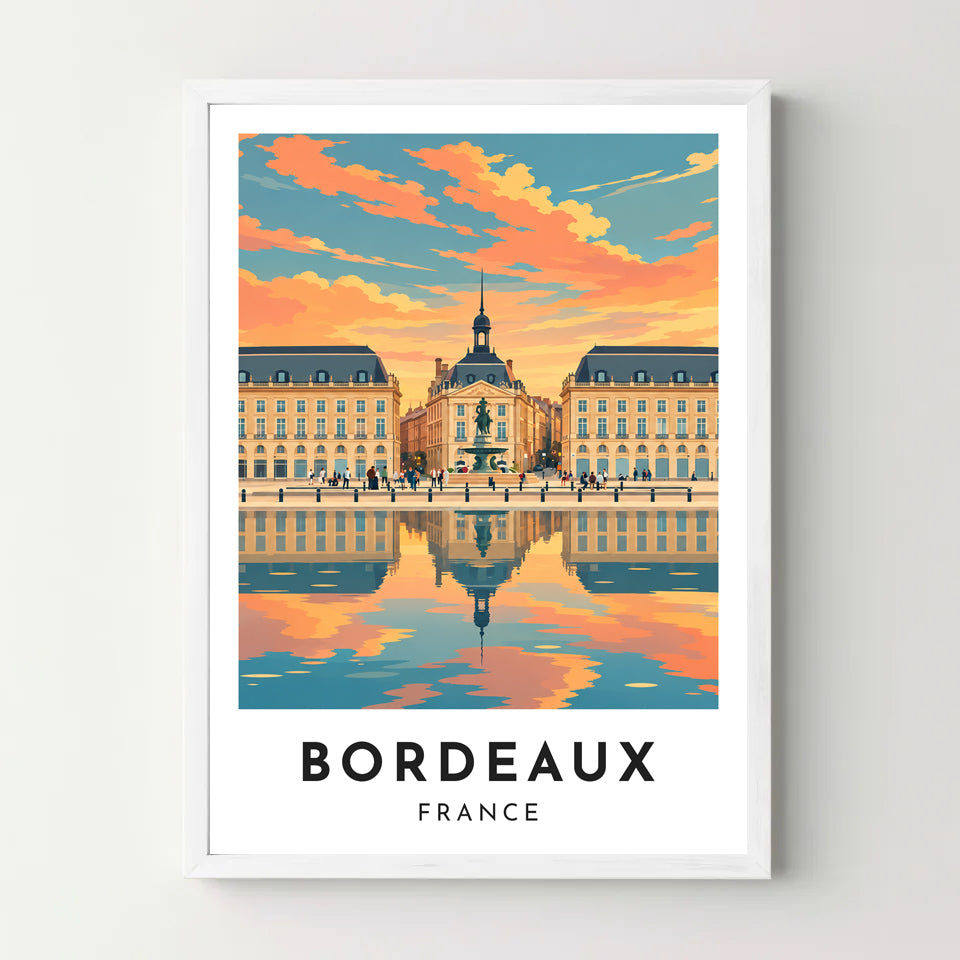Affiche Bordeaux – Place de la Bourse au soleil couchant – cadre blanc