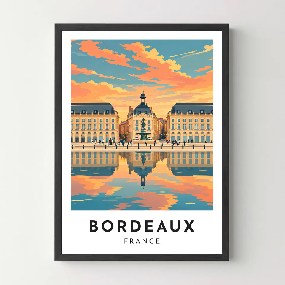Affiche Bordeaux – Place de la Bourse au soleil couchant – cadre noir