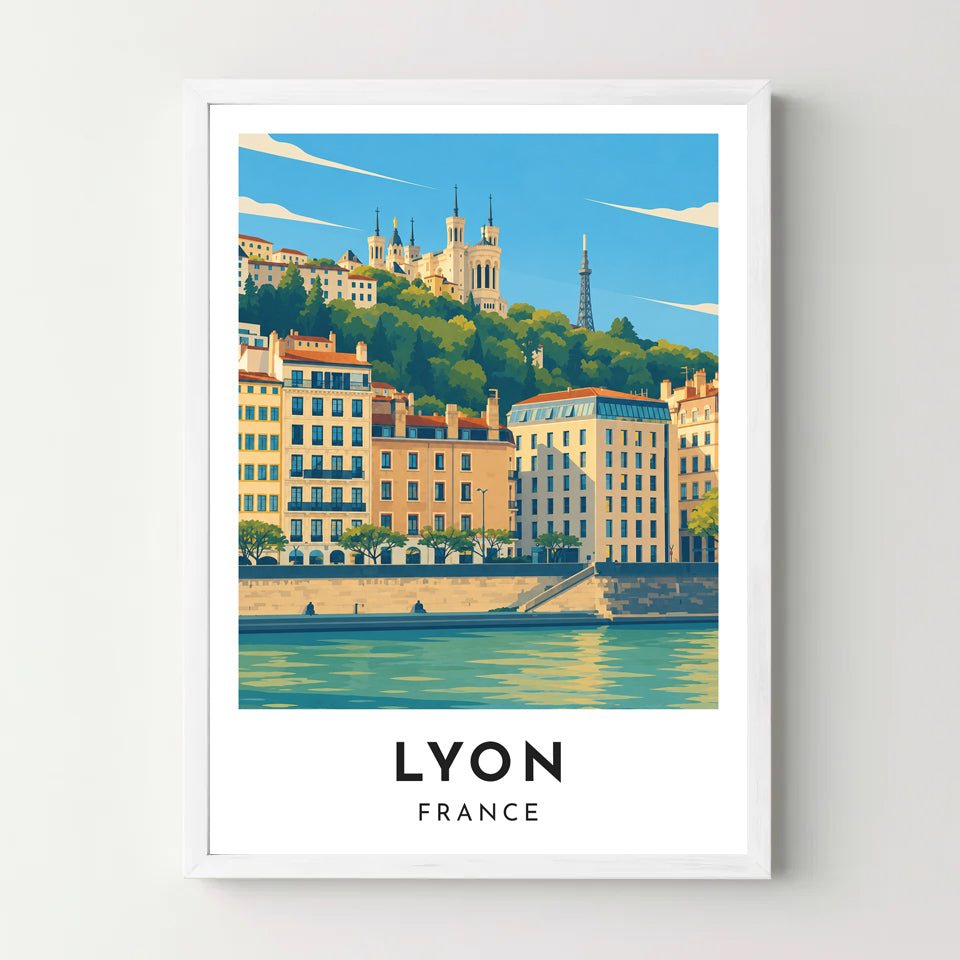 Affiche Lyon – Fourvière et les quais de Saône – cadre blanc