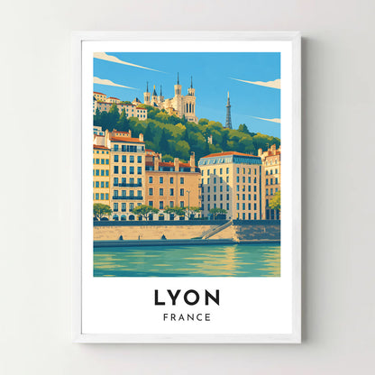 Affiche Lyon – Fourvière et les quais de Saône – cadre blanc