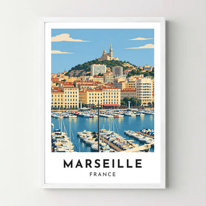 Affiche Marseille – Le Vieux-Port et la Bonne Mère – cadre blanc