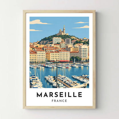 Affiche Marseille – Le Vieux-Port et la Bonne Mère – cadre bois