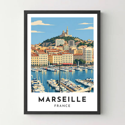 Affiche Marseille – Le Vieux-Port et la Bonne Mère – cadre noir