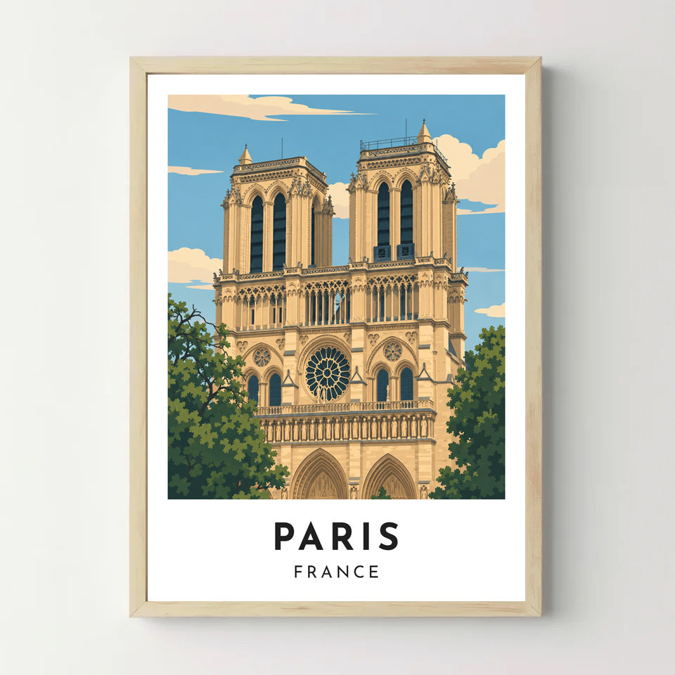Affiche Paris – Notre-Dame en illustration graphique – cadre bois