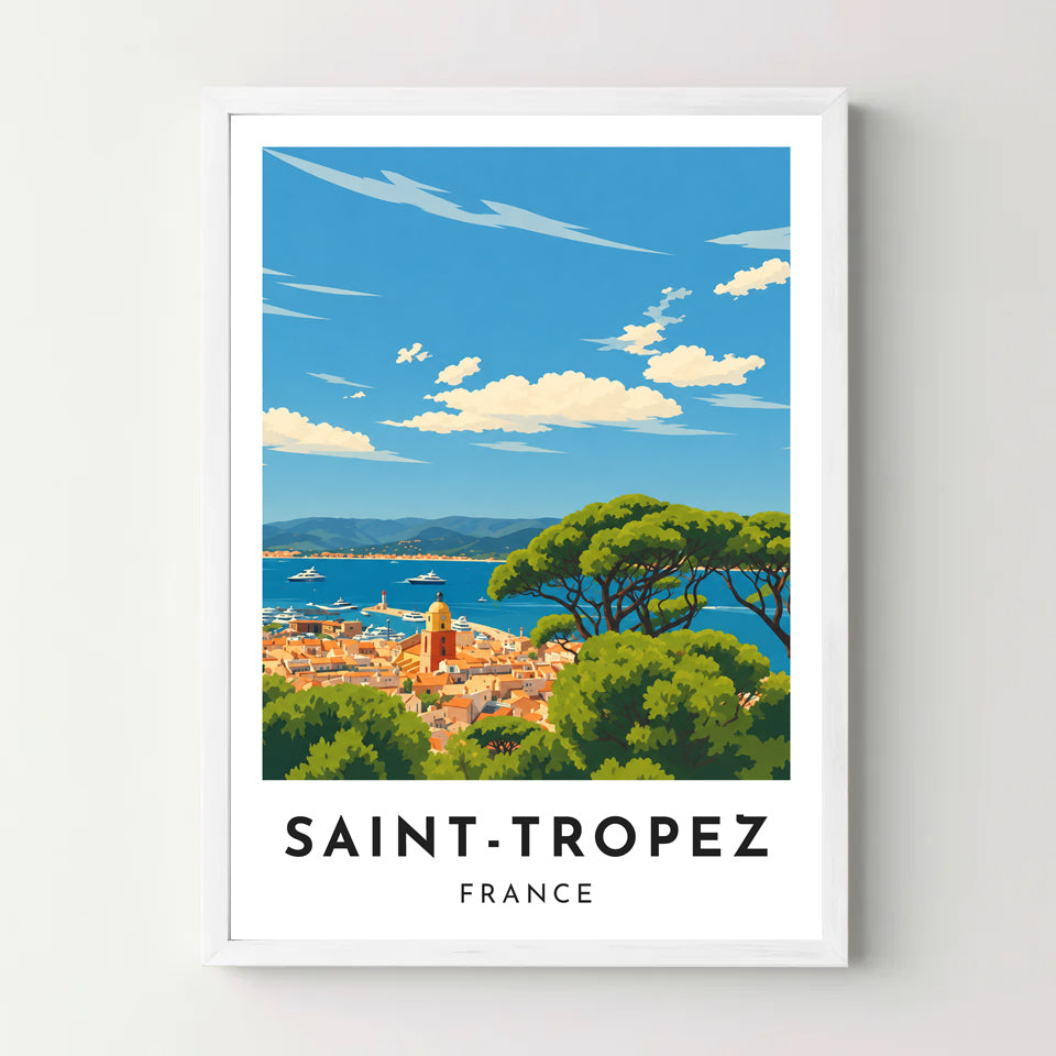 Affiche Saint-Tropez – Les toits et le golfe – cadre blanc