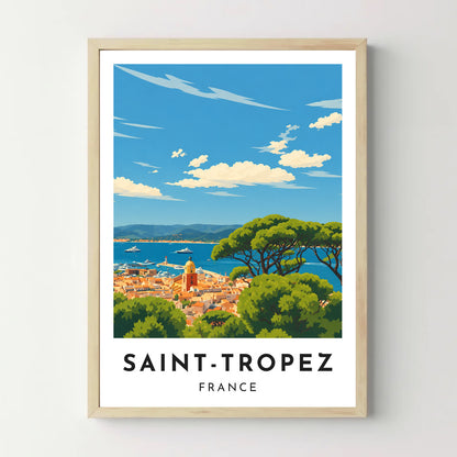 Affiche Saint-Tropez – Les toits et le golfe – cadre bois