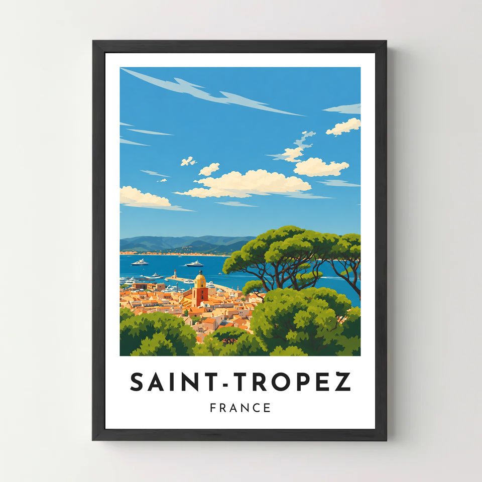 Affiche Saint-Tropez – Les toits et le golfe – cadre noir
