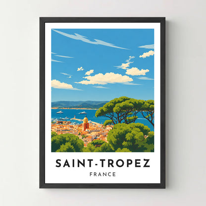 Affiche Saint-Tropez – Les toits et le golfe – cadre noir