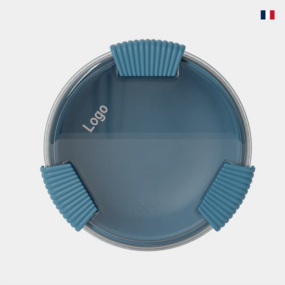 Lunchbox ronde bleu clair avec couvercle transparent et clips en silicone bleus