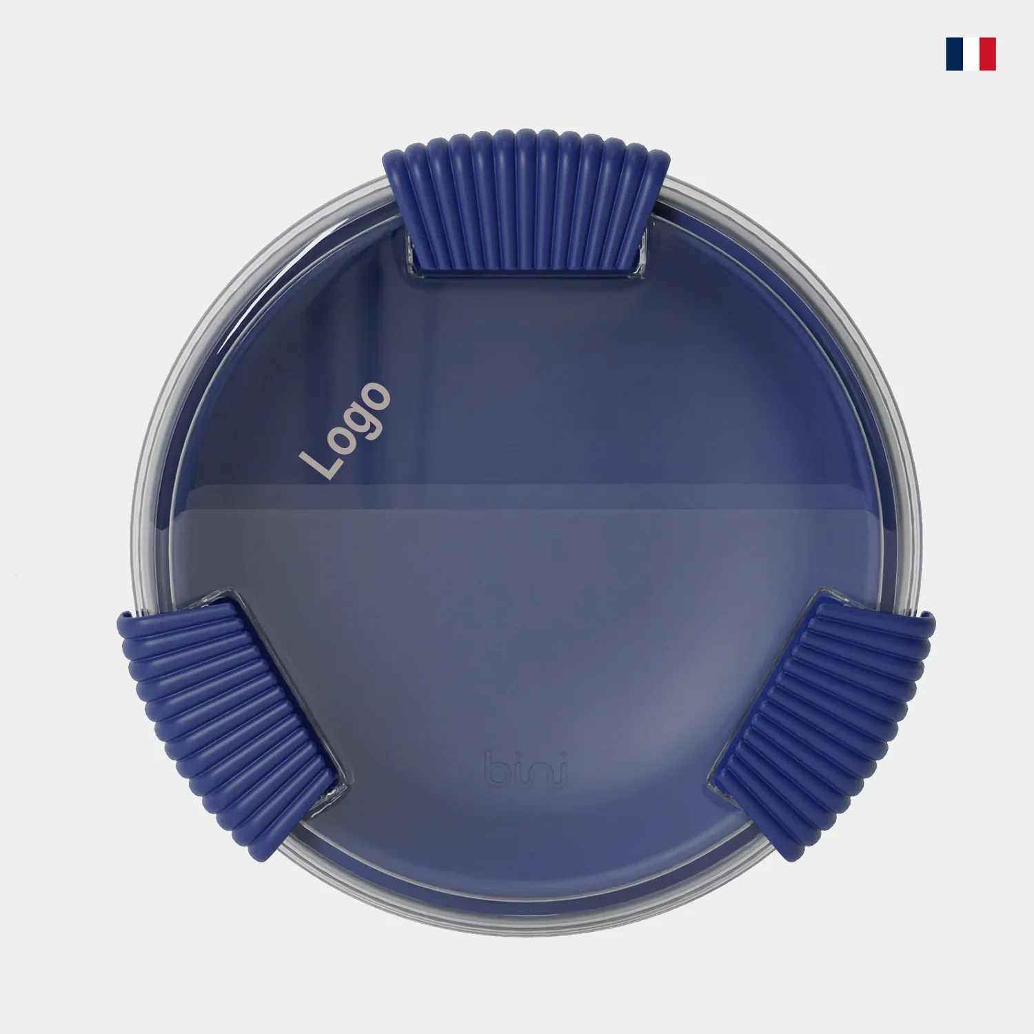 Lunchbox ronde bleu nuit avec couvercle transparent et clips bleus, vue de dessus