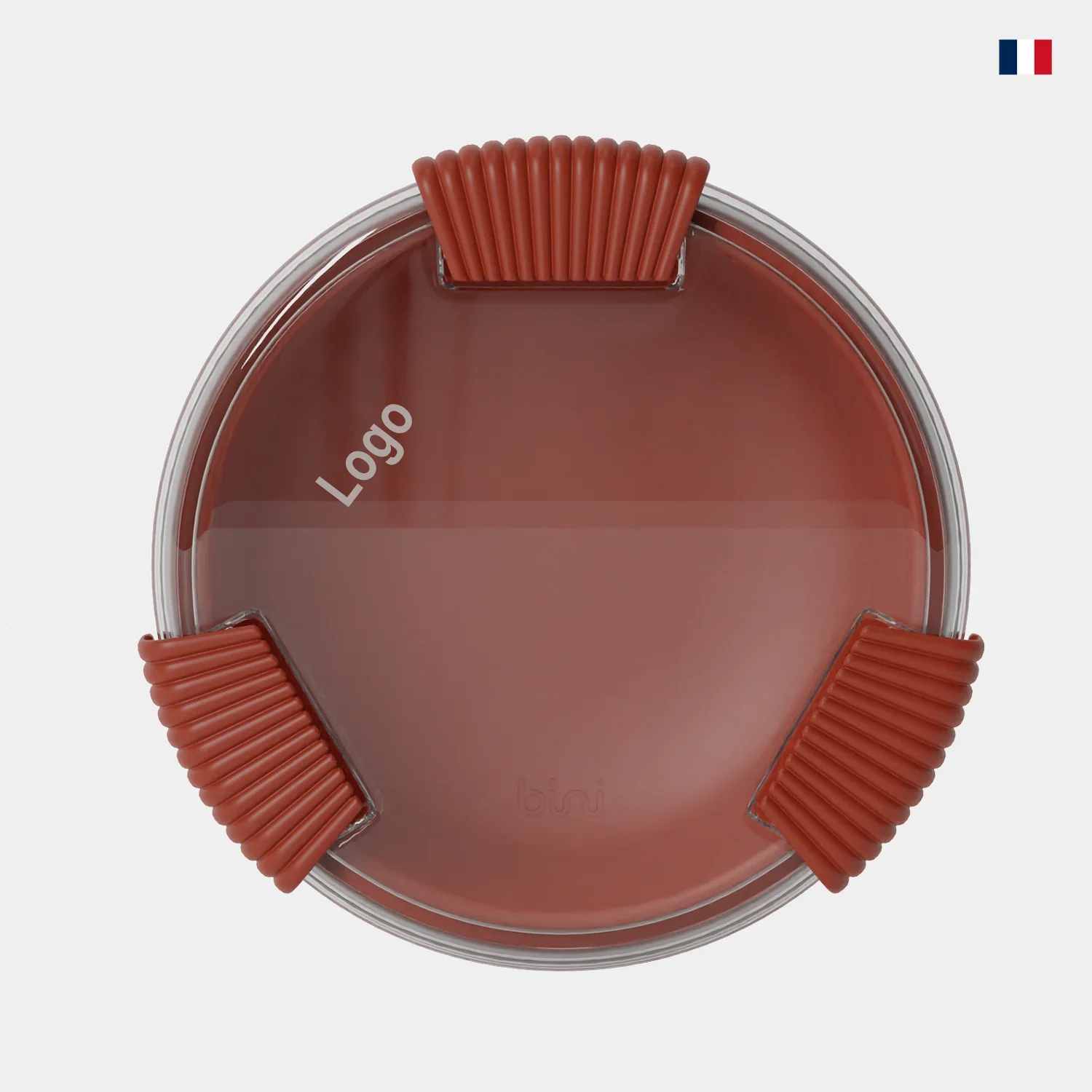 Lunchbox ronde terracotta avec couvercle transparent et coins en silicone, vue du dessus