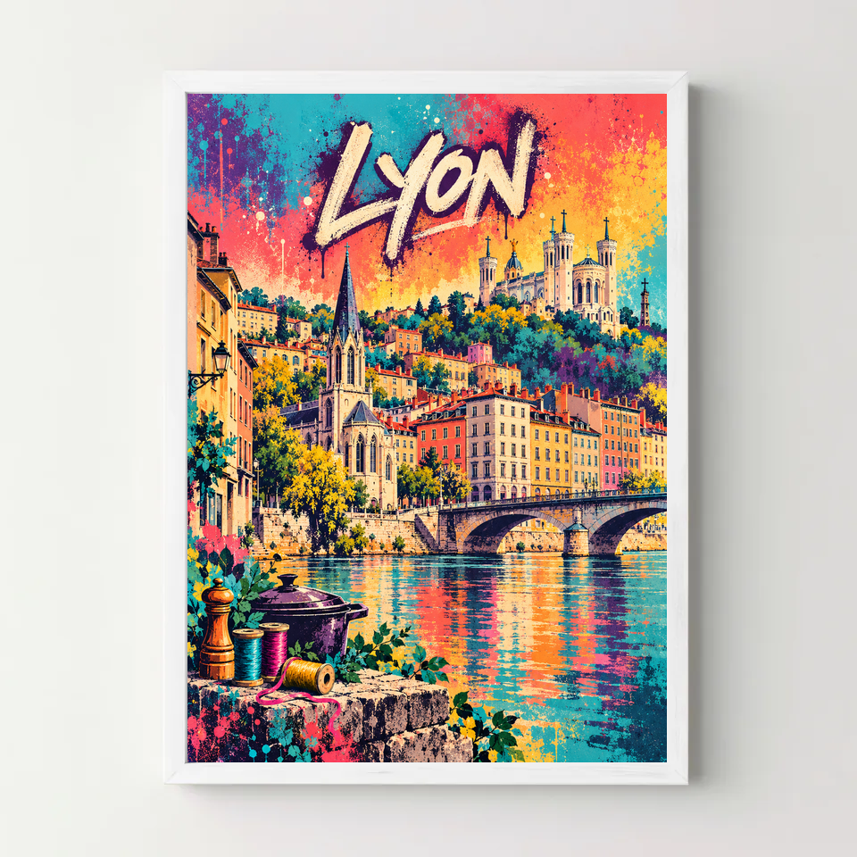 Affiche Lyon – Vieux Lyon en street art — cadre blanc