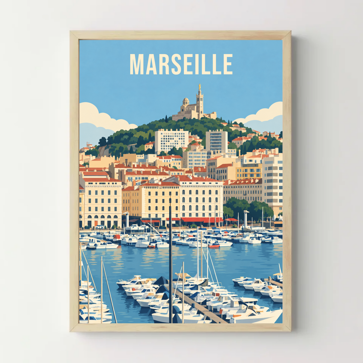 Affiche ville - Marseille, le Vieux-Port et la Bonne Mère – cadre bois
