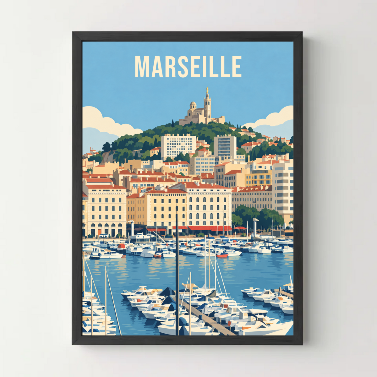 Affiche ville - Marseille, le Vieux-Port et la Bonne Mère – cadre noir