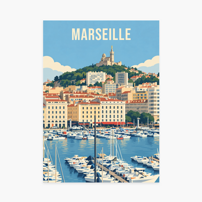 Affiche ville - Marseille, le Vieux-Port et la Bonne Mère – sans cadre