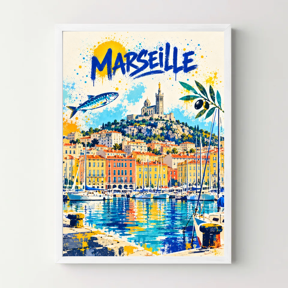 Affiche Marseille – Vieux-Port en street art — cadre blanc