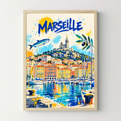 Affiche Marseille – Vieux-Port en street art — cadre bois