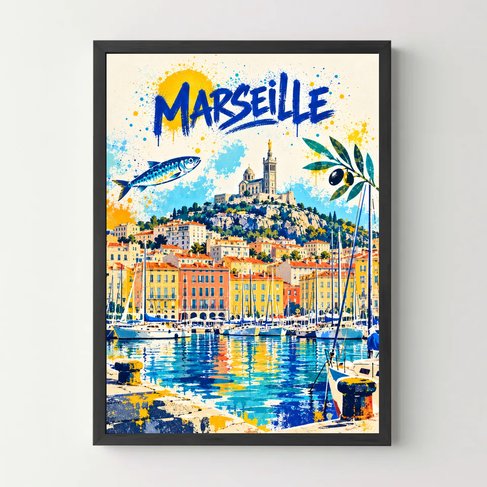 Affiche Marseille – Vieux-Port en street art — cadre noir