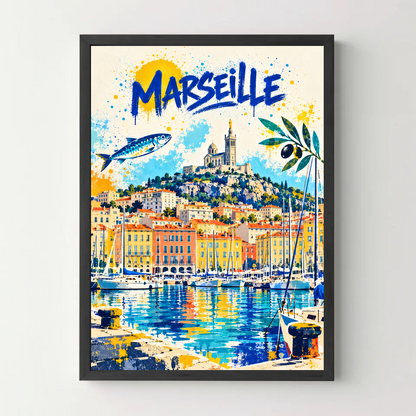 Affiche Marseille – Vieux-Port en street art — cadre noir