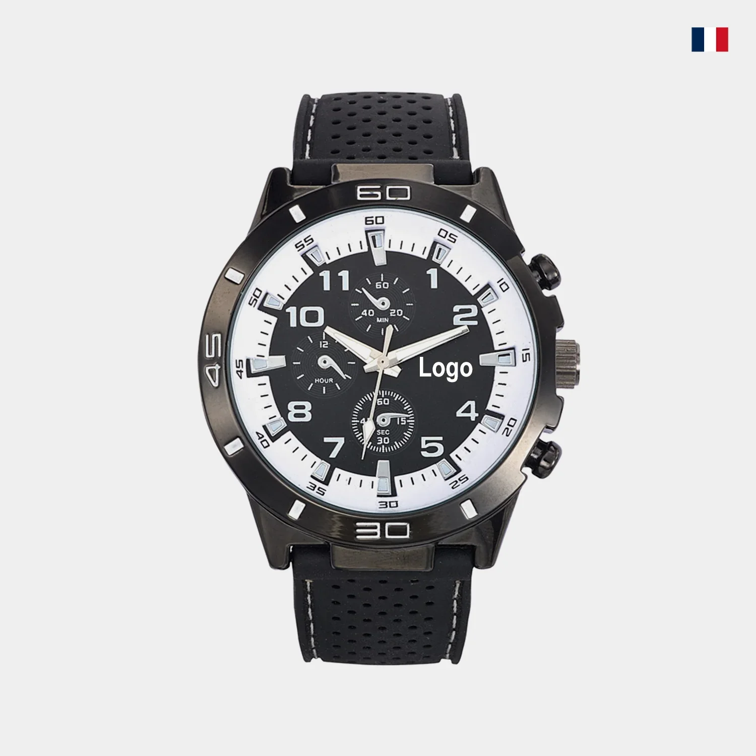 Montre homme noire avec bracelet cuir perforé, cadran chronographe et aiguilles argentées